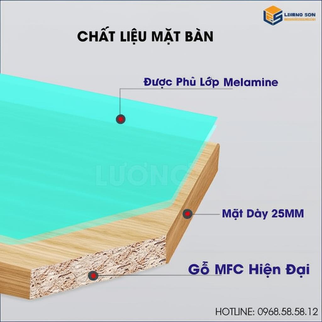 Chi tiết mặt bàn gỗ MFC phủ Melamine bền bỉ