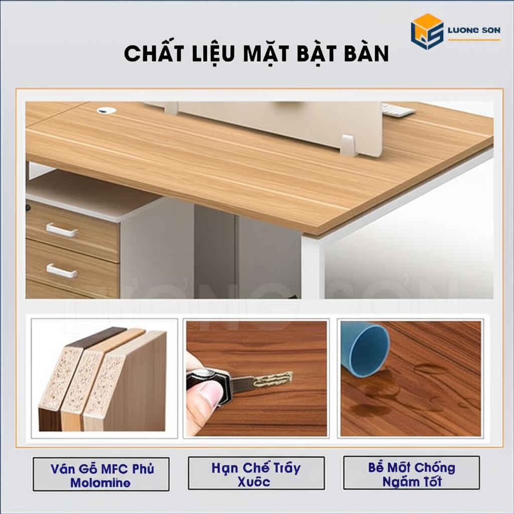 Chi tiết mặt bàn gỗ MDF phủ Melamine của bàn CB1112