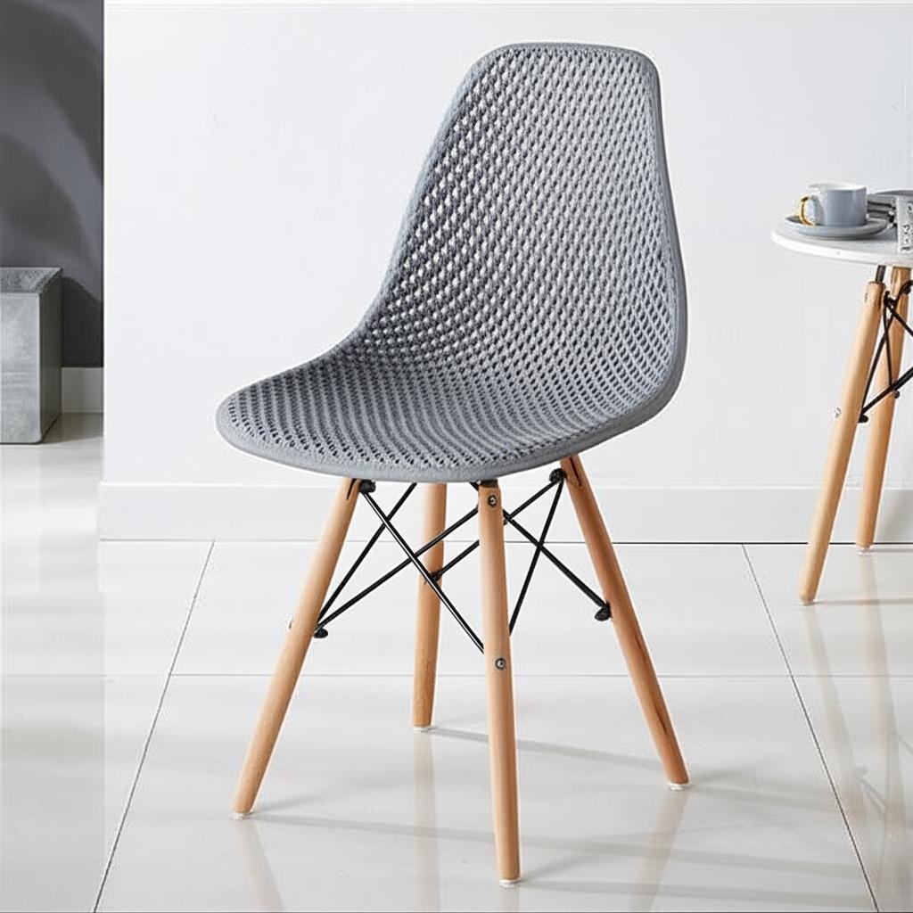 Ghế Eames đệm lưới chân gỗ đan J12