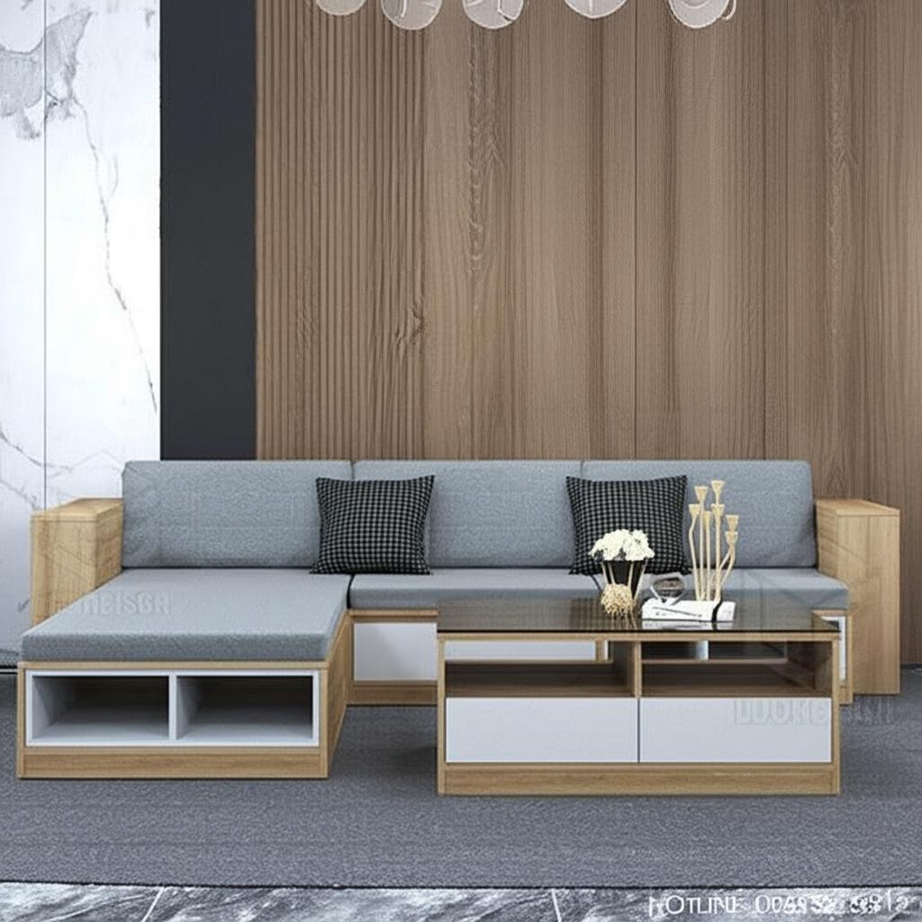 Sofa gỗ tone nâu tự nhiên, thiết kế tinh tế